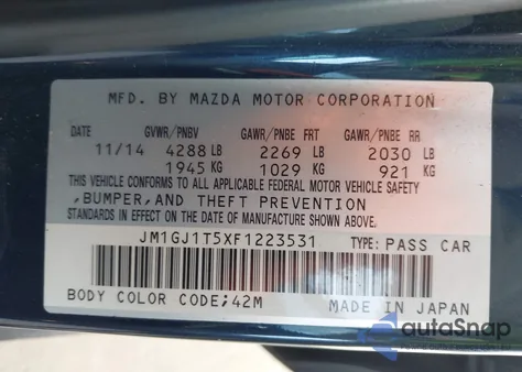 2015 Mazda Mazda6 I Touring из США, поврежденный, VIN JM1GJ1T5XF1223531